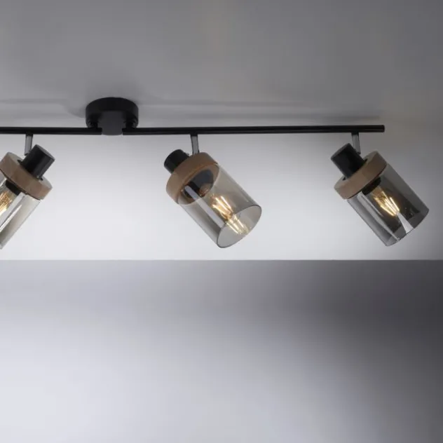 Deckenleuchte, Strahler, Rauchglas, Holz, Robberwood, E27, 4-flammig