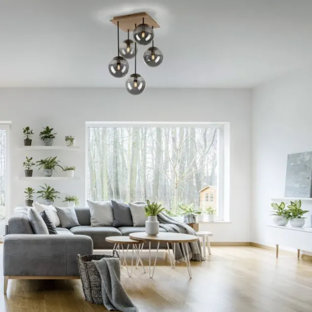 JUST LIGHT LED Deckenleuchte GERDA WIDOW 5-flammig Holz rauchfarben
