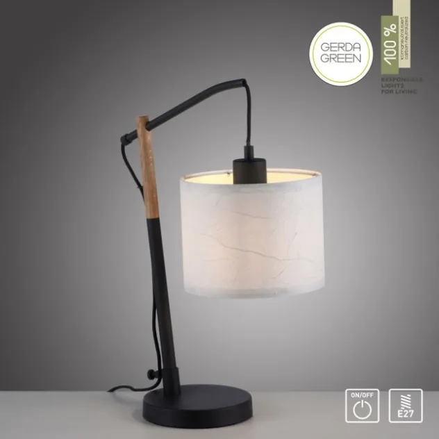 JUST LIGHT LED Tischleuchte schwarz GERDA SOFIE Holzoptik Papierlampenschirm