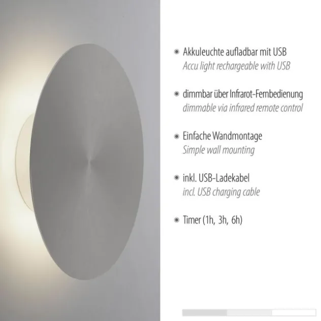 LED Akkuleuchte AKKU 25cm grau Timerfunktion USB dimmbar
