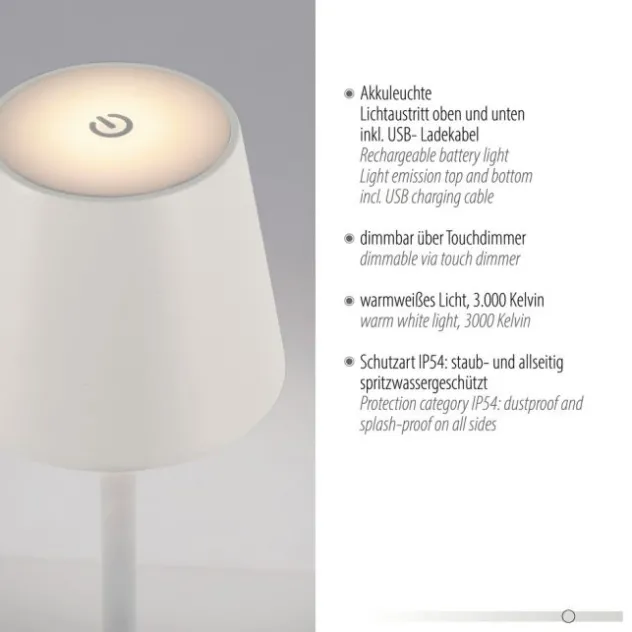 LED Akkuleuchte weiß Steh- und Tischleuchte Touchdimmer IP54 Außenbereich