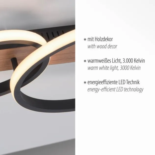 LED Deckenleuchte modern mit Holzdekor, 53 x 30 cm,