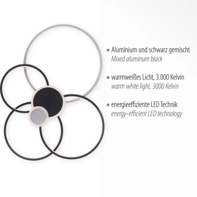 LED Deckenleuchte rund mit 6 Lichtkreisen schwarz aluminium warmweiß