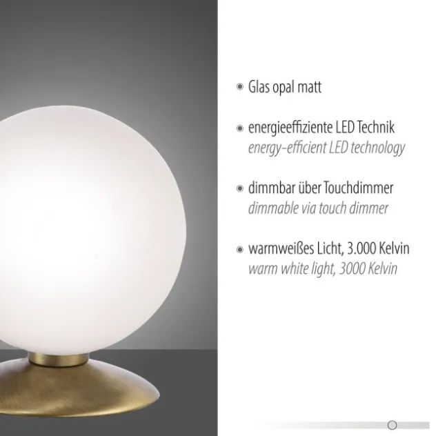 LED-Kugelleuchte, altmessing warmweiß, Touchdimmer, blendfrei, Opalglas