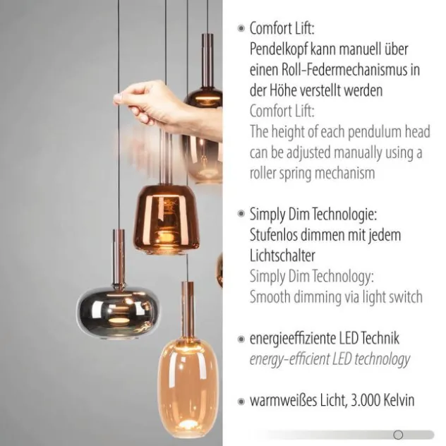 LED Pendelleuchte 5 flammig höhenverstellbar per Lift dimmbar Memoryfunktion