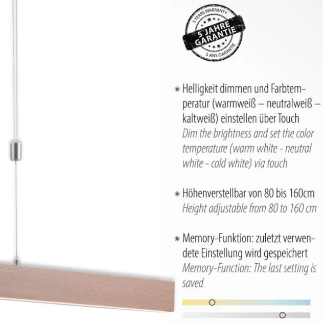 LED-Pendelleuchte, Holzdekor, höhenverstellbar, CCT-Farbmanagement, dimmbar