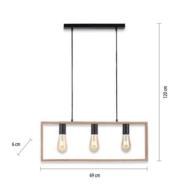 LED Pendelleuchte, schwarz, Holzrahmen, Metall, 3 flammige Pendellampe