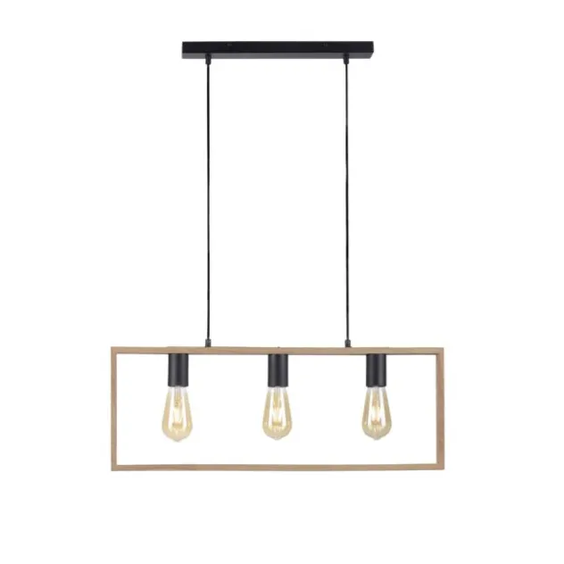 LED Pendelleuchte, schwarz, Holzrahmen, Metall, 3 flammige Pendellampe