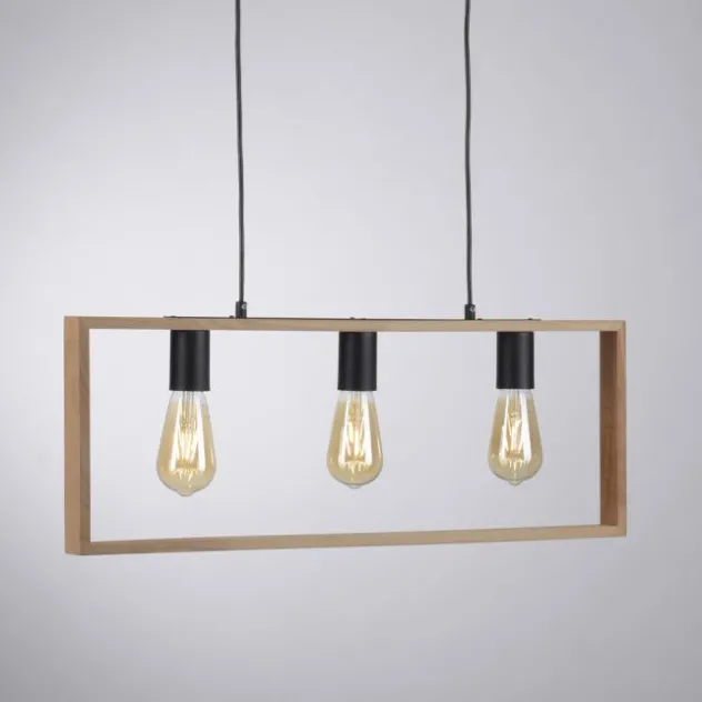 LED Pendelleuchte, schwarz, Holzrahmen, Metall, 3 flammige Pendellampe