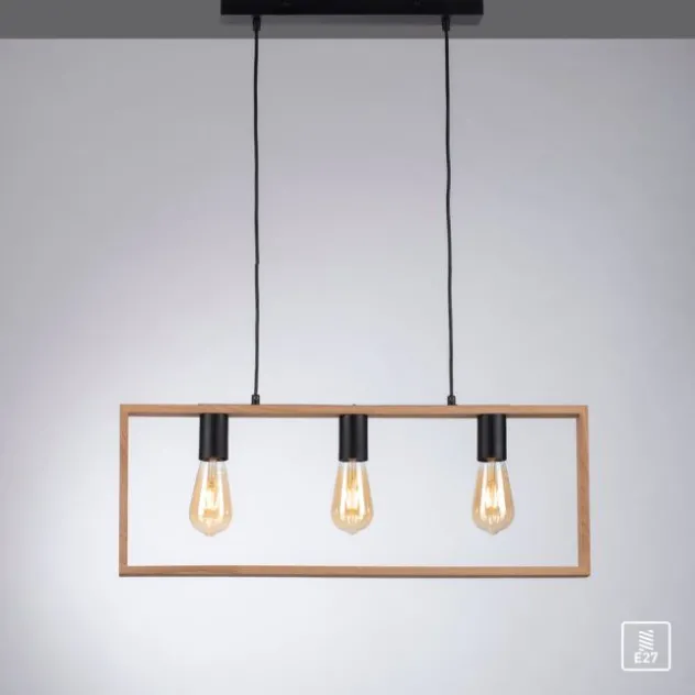 LED Pendelleuchte, schwarz, Holzrahmen, Metall, 3 flammige Pendellampe