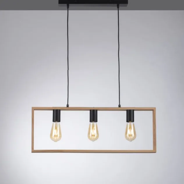 LED Pendelleuchte, schwarz, Holzrahmen, Metall, 3 flammige Pendellampe