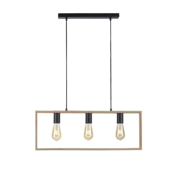 LED Pendelleuchte, schwarz, Holzrahmen, Metall, 3 flammige Pendellampe