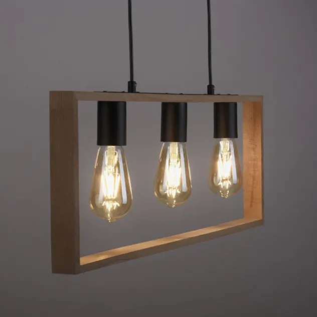 LED Pendelleuchte, schwarz, Holzrahmen, Metall, 3 flammige Pendellampe
