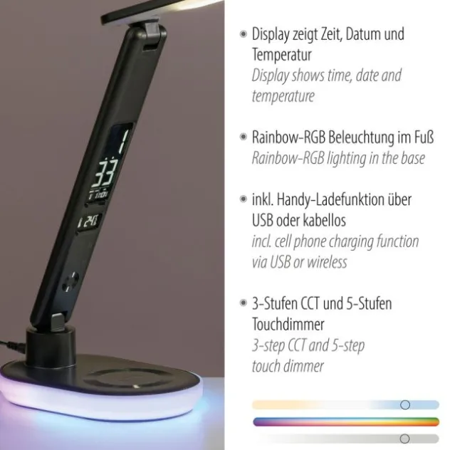 LED Tischleuchte schwarz Touchdimmer Ladefunktion Handy USB kabellos