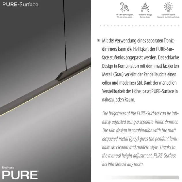 Neuhaus PURE® LED Pendelleuchte PURE Surface, platin (grau) 125x25 höhenverstellbar