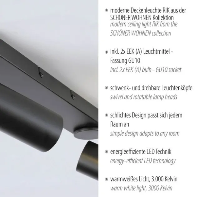 Schöner Wohnen-Kollektion LED Deckenleuchte RIK, schwarz, 2-flammig, drehbar