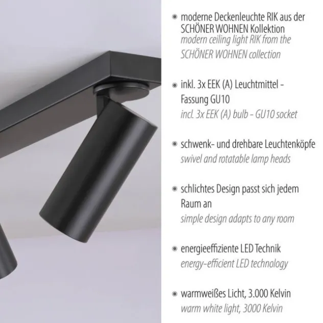 Schöner Wohnen-Kollektion LED Deckenleuchte RIK, schwarz, 3-flammig, drehbar