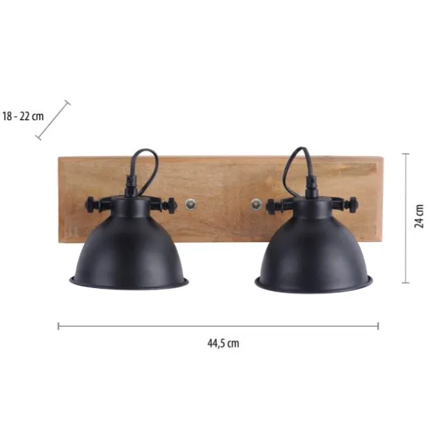 Wand- und Deckenleuchte, schwarz, 2flg, Retro-Look, Vintage, drehbar, Holz